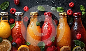 Fruit drinks in bottles on a dark background.