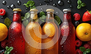 Fruit drinks in bottles on a dark background.