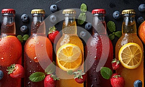 Fruit drinks in bottles on a dark background.