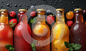 Fruit drinks in bottles on a dark background.