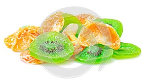 Fruit drying, Pile of dried tropical KIWI and Orange fruits isolated on the white background