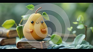 fruit education mascot, cute pear cartoon character sitting on a stack of books, symbolizing a passion for knowledge and