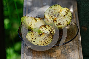 Fruit flies are feeding on cut apples on a saucer