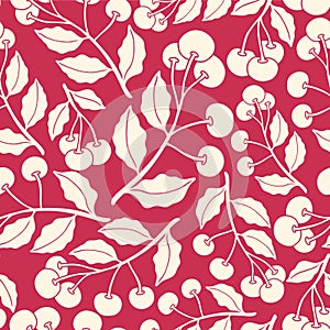 Fruit and flower seamless pattern on red blackground -Cherry