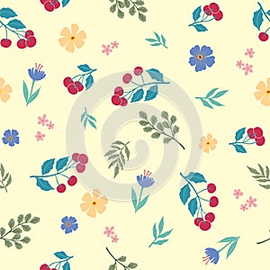 Fruit and flower seamless pattern on yellow blackground -Cherry