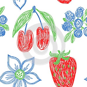 Fruit and flower sketch pattern. Hand drawn vector illustration. Pen or marker fruits