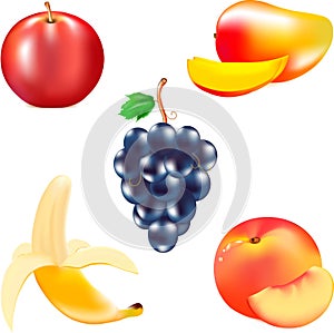 Fruit for food, mature banana, tasty mango, juicy fruit, red apple, a cluster of black grapes, a