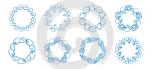 Fruit frame set. Round wreath, fruit border. Fruit icons. Blue hand drawn fruit frame