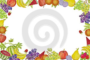 Fruit frame from various fruits and berries painted in watercolor on a transparent background.