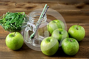 Fruit for Freshly Green Smoothie Glass Jar with Straw. Spinach Aragula Green Apple Detox Healthy Food