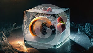 fruit frozen in an ice cube suitable as a background