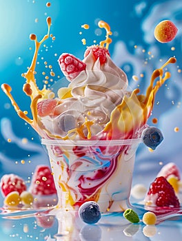 Fruit frozen yogurt. Explosion of fruit flavours. Isolated on blue background