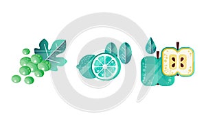 Fruit with Grape Cluster, Lemon and Apple Vector Set