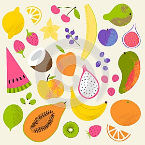 Fruit hand drawn set. Flat textured doodle berries and fruits: strawberry, apple, watermelon.