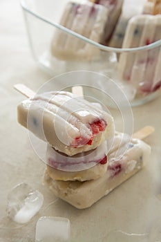 Fruit healthy berry ice cream. Homemade popsicle lolly with strawberries, blueberries and bananas