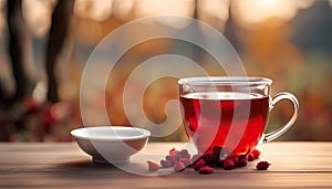 Red fruit tea in teaglass outdoors with copy space photo