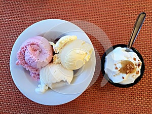Fruit ice cream dessert with cream