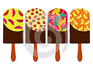 Fruit ice cream. Ice cream on a stick with the taste of strawberries, watermelon, banana. Vector