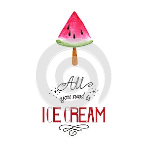 Fruit Ice Cream icons. Watermelon. Watercolor illustration.