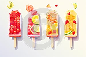 Fruit ice cream popsicles with lime, lemon, strawberry, orange, grapefruit and pomegranate on white background, Set of fruit