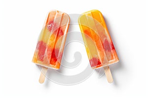 Fruit ice cream on a stick isolated on a white background, Orange and strawberry popsicles isolated on white background, AI