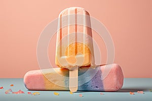 Fruit icecream, popsicle on a stick on colored background, AI Generated