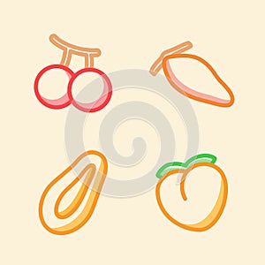 Fruit icon set collection cherry date papaya peach white isolated background with stroke color outline style