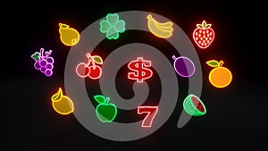 Fruit Icons With Neon Lights - 3D Illustration