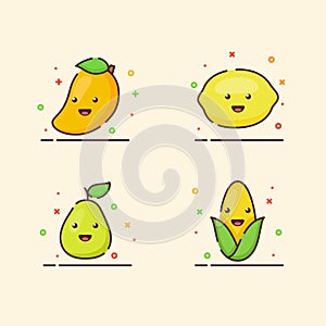 Fruit icons set collection mango lemon corn pear cute mascot face emotion happy fruit with color flat cartoon outline