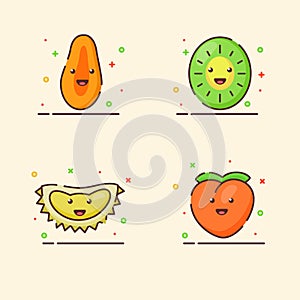 Fruit icons set collection papaya kiwi durian peach cute mascot face emotion happy fruit with color flat cartoon outline