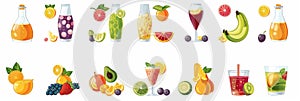 Fruit icons set, juice symbols, surreal design elements, fruit stickers, cherry, citrus logo designs