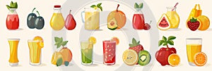 Fruit icons set, juice symbols, surreal design elements, fruit stickers, cherry, citrus logo designs