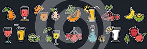 Fruit icons set, juice symbols, surreal design elements, fruit stickers, cherry, citrus logo designs