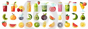 Fruit icons set, juice symbols, surreal design elements, fruit stickers, cherry, citrus logo designs