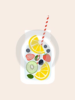 Fruit infused water mix lemon, blueberry, strawberry, kiwi and mint in mason jar mugs and striped straw element Vector
