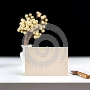 Modern Invitation Template: Blank Beige Card with Delicate Dried Flowers and Fork