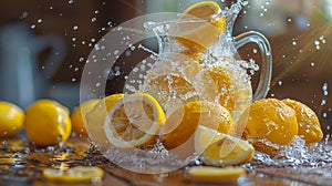 fruit infusion art, fresh lemon juice squeezed into water, creating a colorful splash of citrus freshness in a pitcher