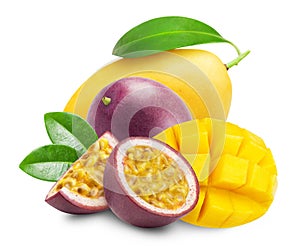 Fruit isolated. Ripe passion fruit and mango fruits on a white background.