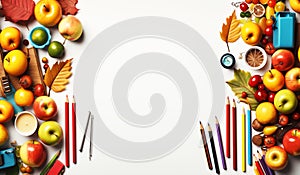 Fruit and items for school, with free space for text. AI generated