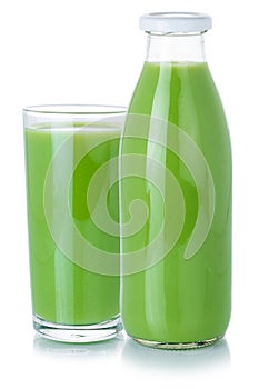 Fruit juice green smoothie drink bottle and glass isolated on white