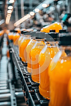 Fruit juice manufacturing process on conveyor belt in beverage factory production line