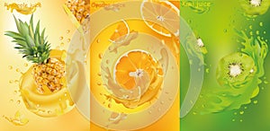 Fruit juice, pineapple, kiwi, orange. Fresh fruits. Fruit splashes close up. Vector graphics.