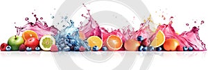 Fruit juice splash and oranges, apples, lemons, blueberries, raspberries, strawberries lying in front of it isolated against white