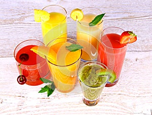 Fruit juices, kiwi, cherry, orange, strawberry, banana, pineapple