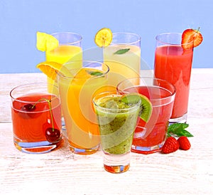 Fruit juices, kiwi, raspberries, cherry, orange, strawberry, pineapple