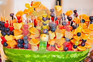 Fruit Kabobs in Watermelon Basket