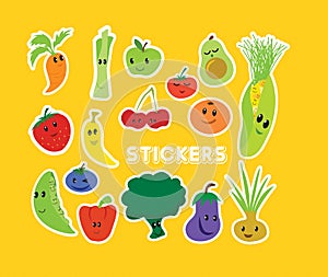 Fruit kawaii cartoon stickers or icons for healthy eating