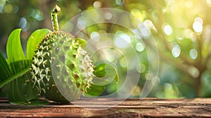 A fruit with a leaf on a wooden surface