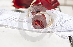 Fruit leather rolls, closeup shot