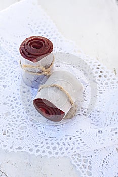 Fruit leather rolls, closeup shot